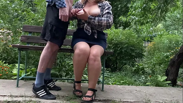 Best Big cock cumshot on her tits in the park on a bench total Tube